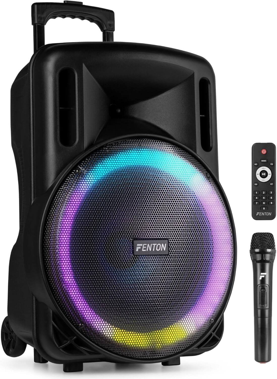 Fenton FT15LED MK2, Party Box Bluetooth Speaker 800 W, Music Box Bluetooth Large, 15 Inch LED Subwoofer, Microphone, Battery & Mains Operated, AUX/Guitar Input, USB Media Player, Stereo Pairing, Party