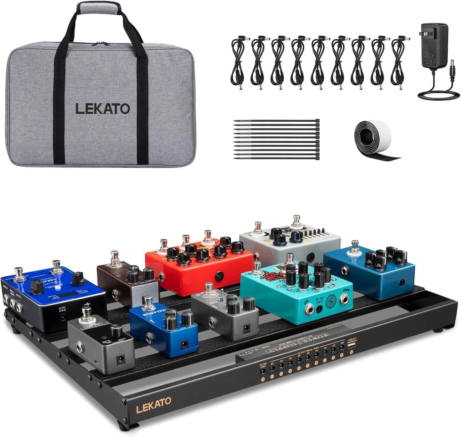 LEKATO Pedal Board with Built-in Power Supply, 19.1 * 12.2 * 1.8 in Large Effect Pedalboard, Aluminum Alloy PedalBoard Set with Carrying Bag, Pedal Cables, Sticker