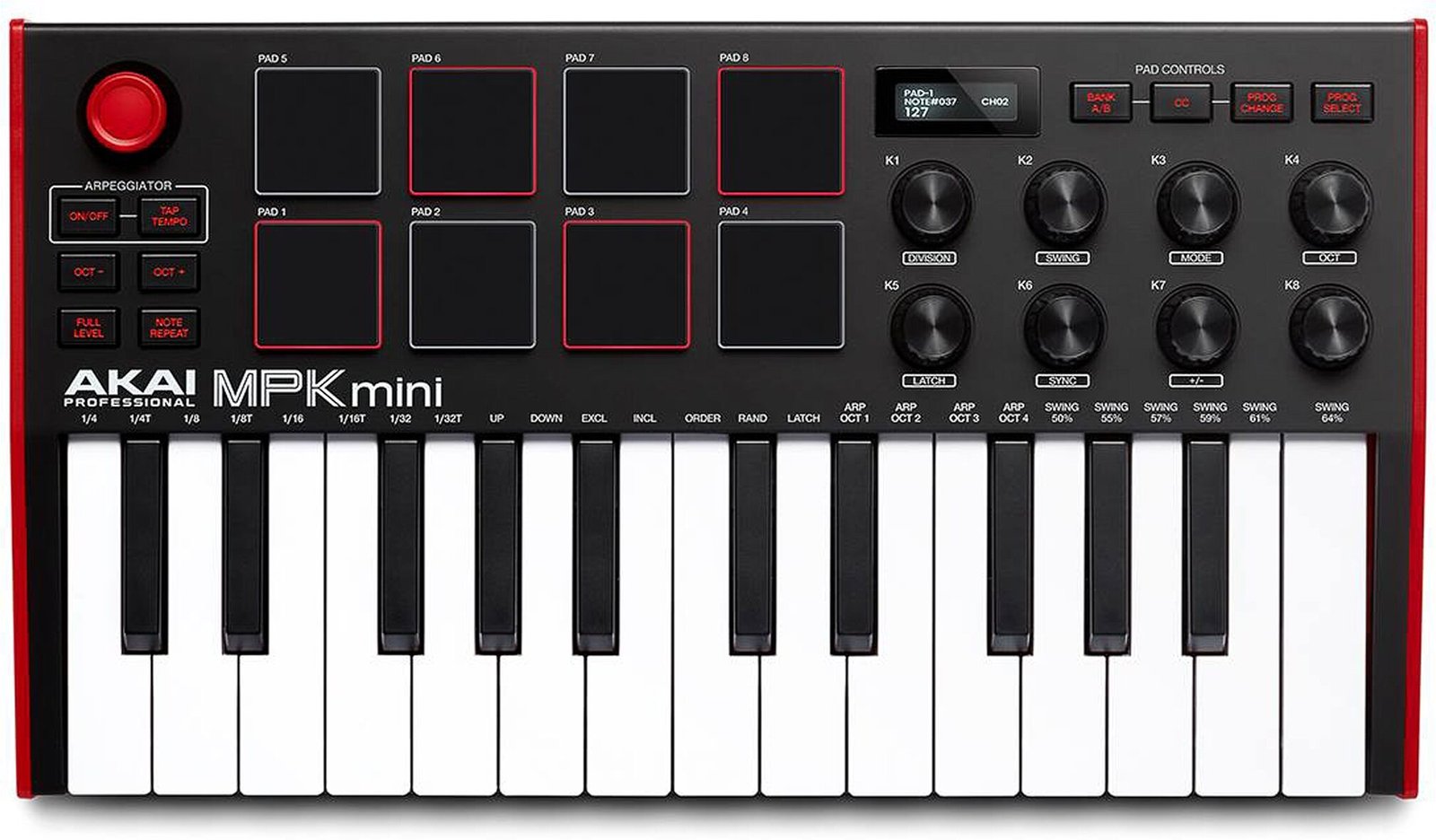 Akai MPK Mini MK3 USB MIDI Keyboard Controller, 25-Key, Black and Red