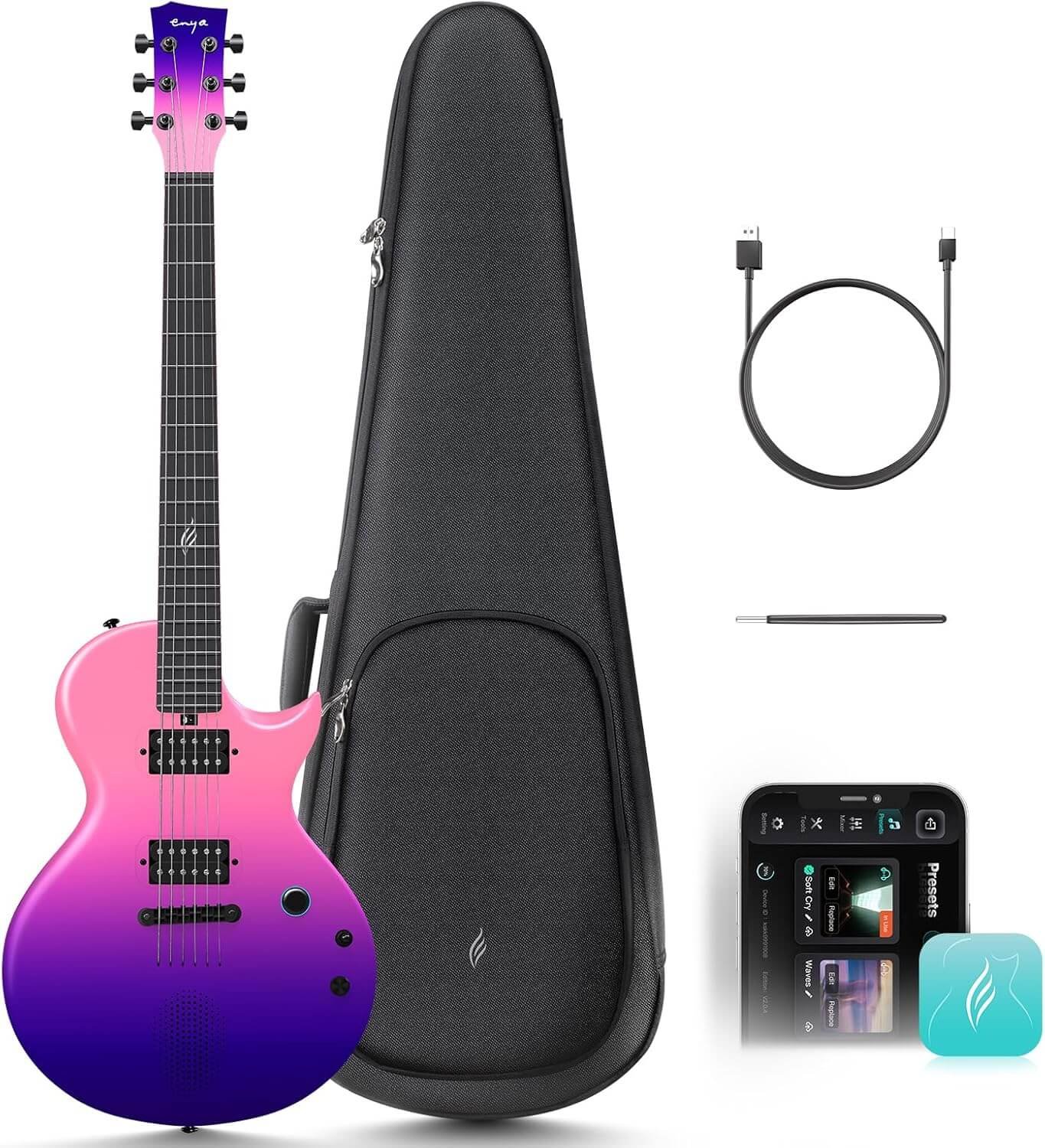 Enya Nova Go Smart Electric Guitar Carbon Fibre Electric Guitar with 10W Wireless Speaker, Built-in Presets, Charging Cable, Adjustment Key and Gig Bag