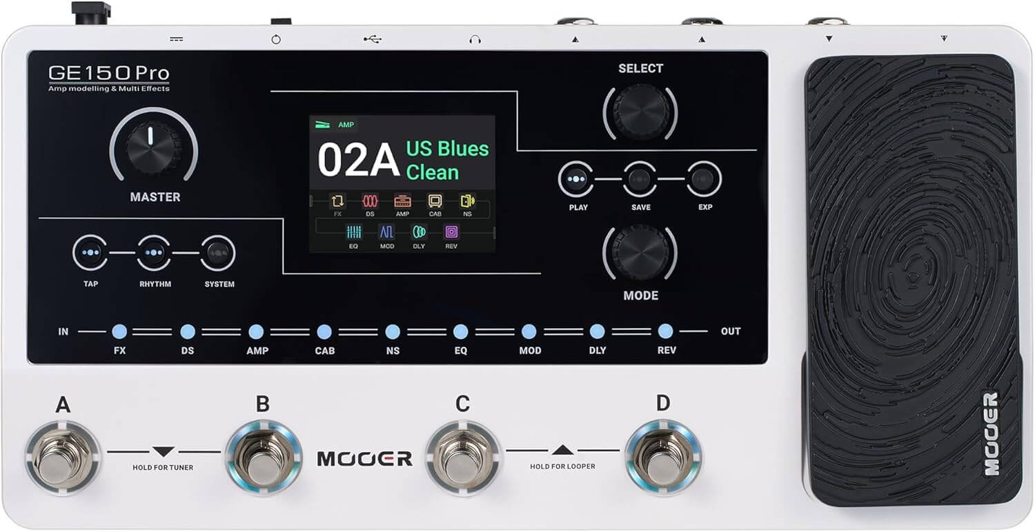 MOOER GE150 Pro Guitar Amp Modelling Multi Effects, Reverb, Delay, Looper Drum with 4 Footswiches, Expression Pedal, USB OTG Live Recording