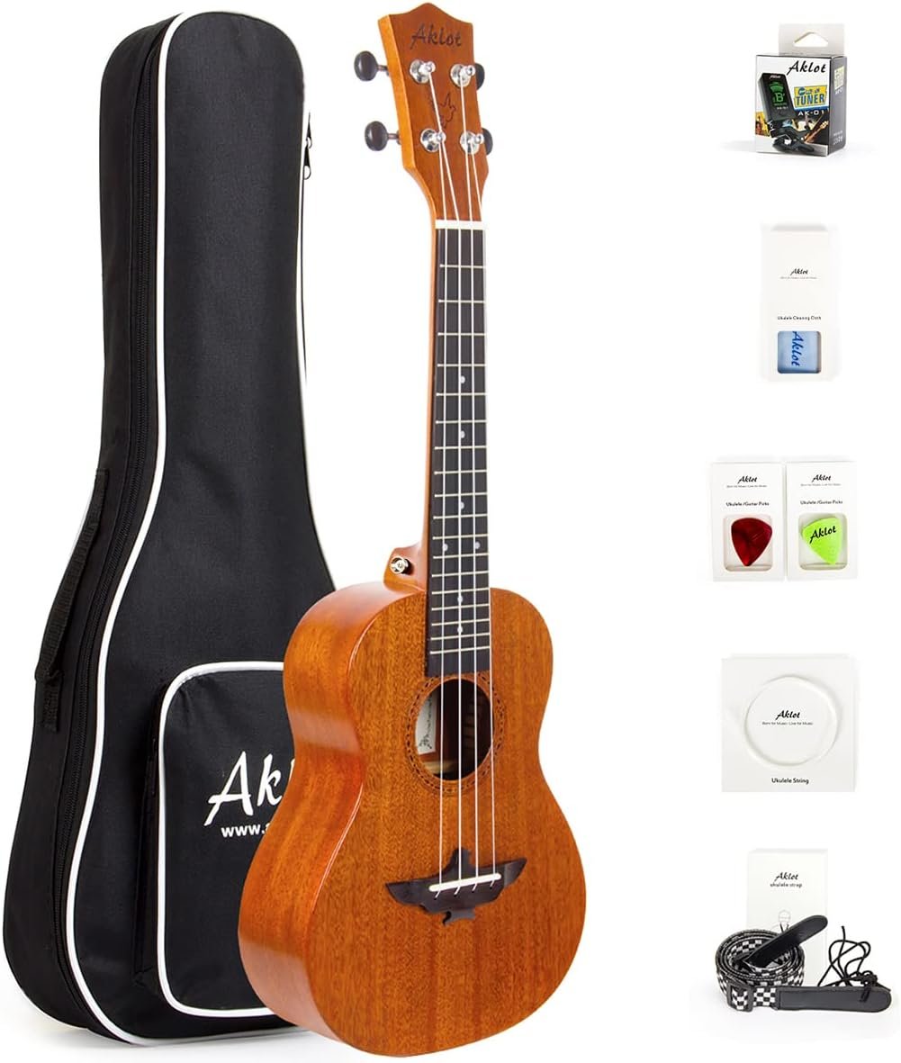 Ukulele for Left-Handed, AKLOT Concert Uke 23 Inch Solid Mahogany Ukelele Beginner Kit (Gig Bag, Picks, Tuner, Strap, String, Cleaning Cloth)