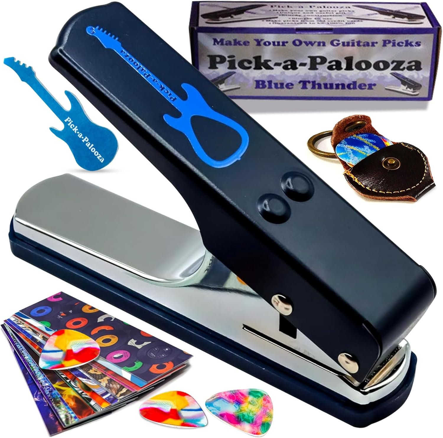 Pick-a-Palooza DIY Guitar Picks Punch Mega Pack - Custom Pick Maker for Musicians - Features Leather Key Chain Holder, Pick Strips with Artwork & File - Unique Gifts for Men & Women - Blue Punch