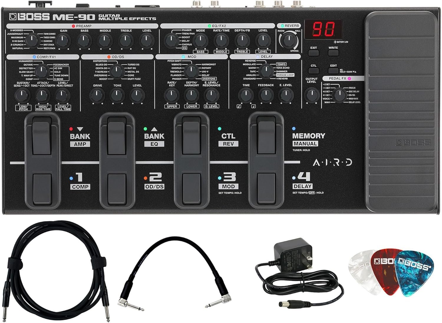 Boss ME-90 Guitar Multiple Effects Bundle with Gearlux Power Supply, Instrument Cable, Patch Cable, and Picks