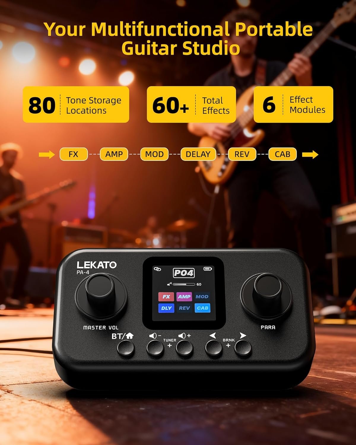 LEKATO Portable Multi Effects Guitar Pedal with 6 modules and USB audio interface on a dark pedalboard