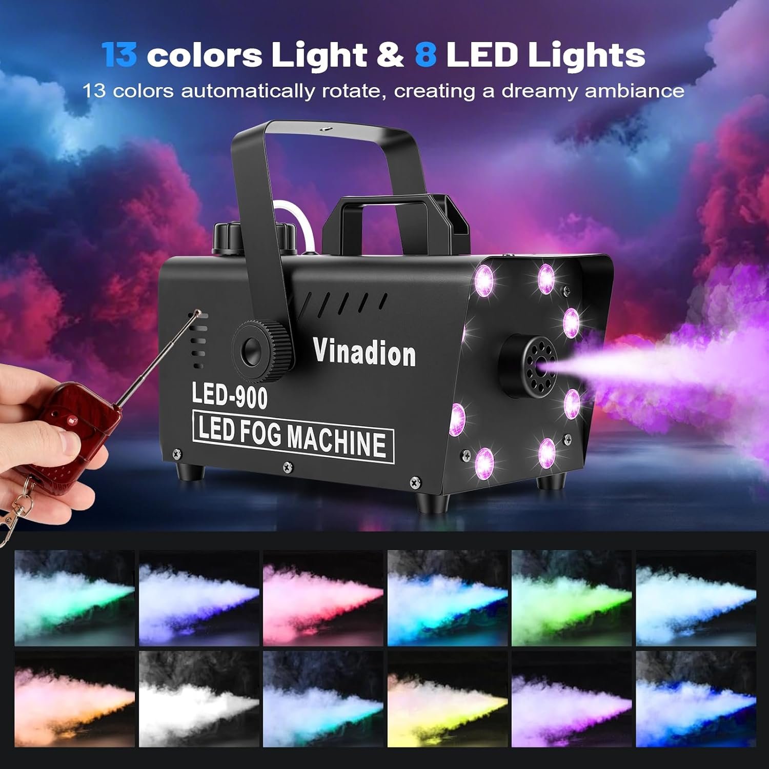 Halloween smoke machine with wireless remote control and LED lights for spooky party effects