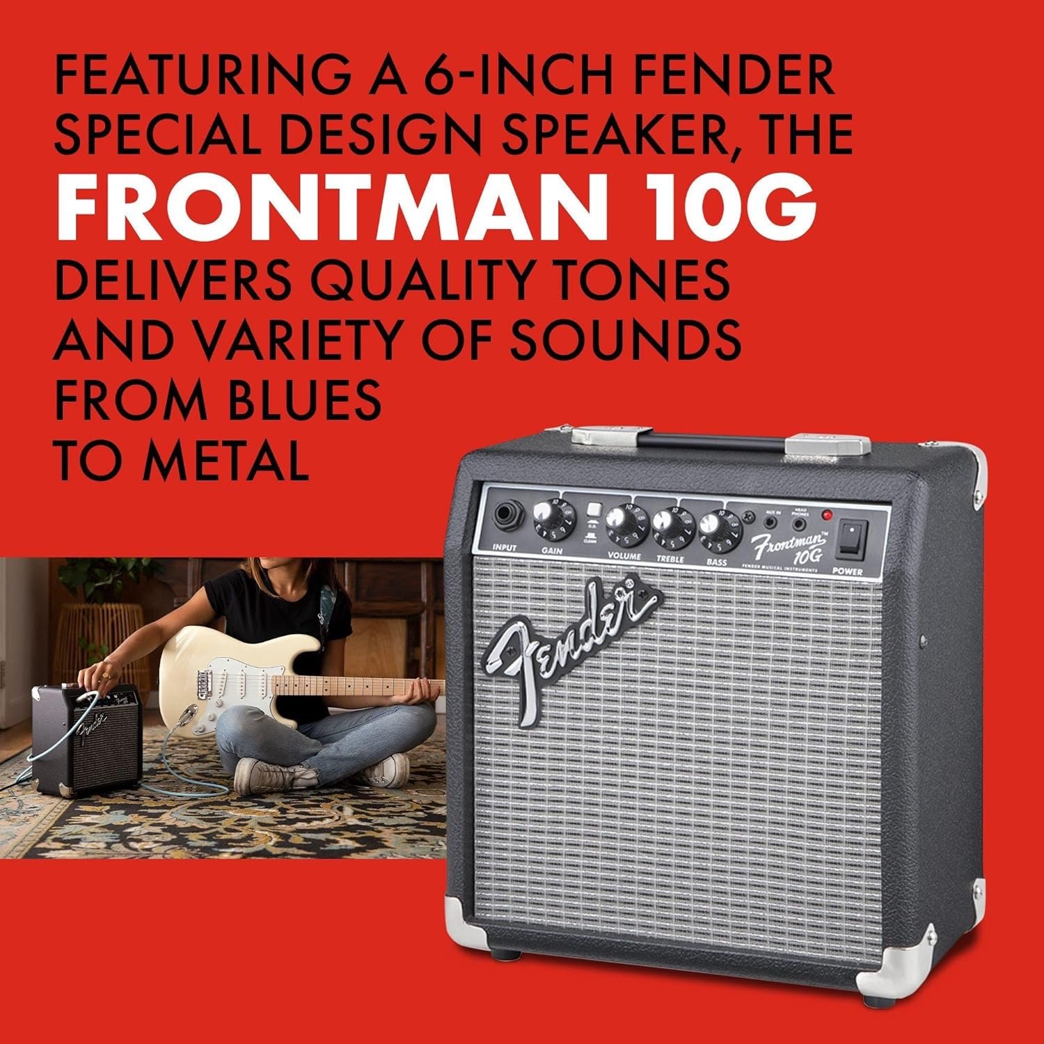 Fender Frontman 10G practice amp with headphones plugged in and smartphone connected via aux cable