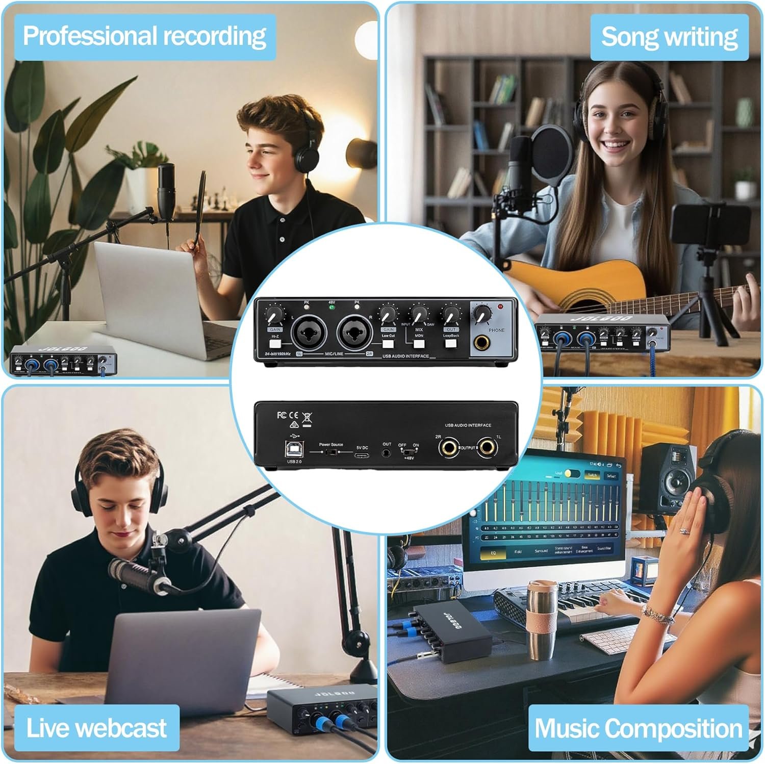 Professional USB audio interface connected to podcast microphone and laptop