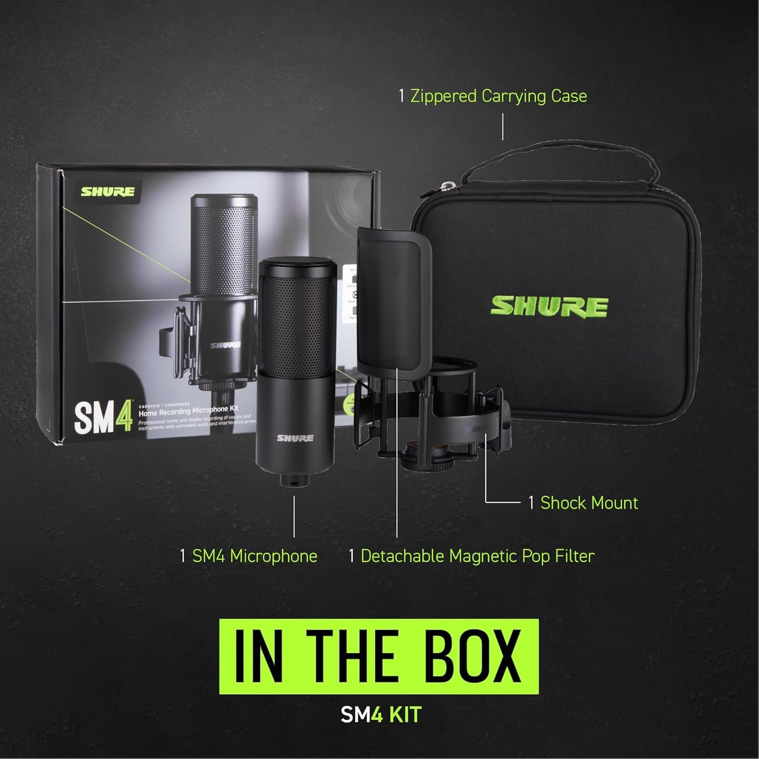 Shure SM4 studio recording microphone kit with pop filter and shock mount