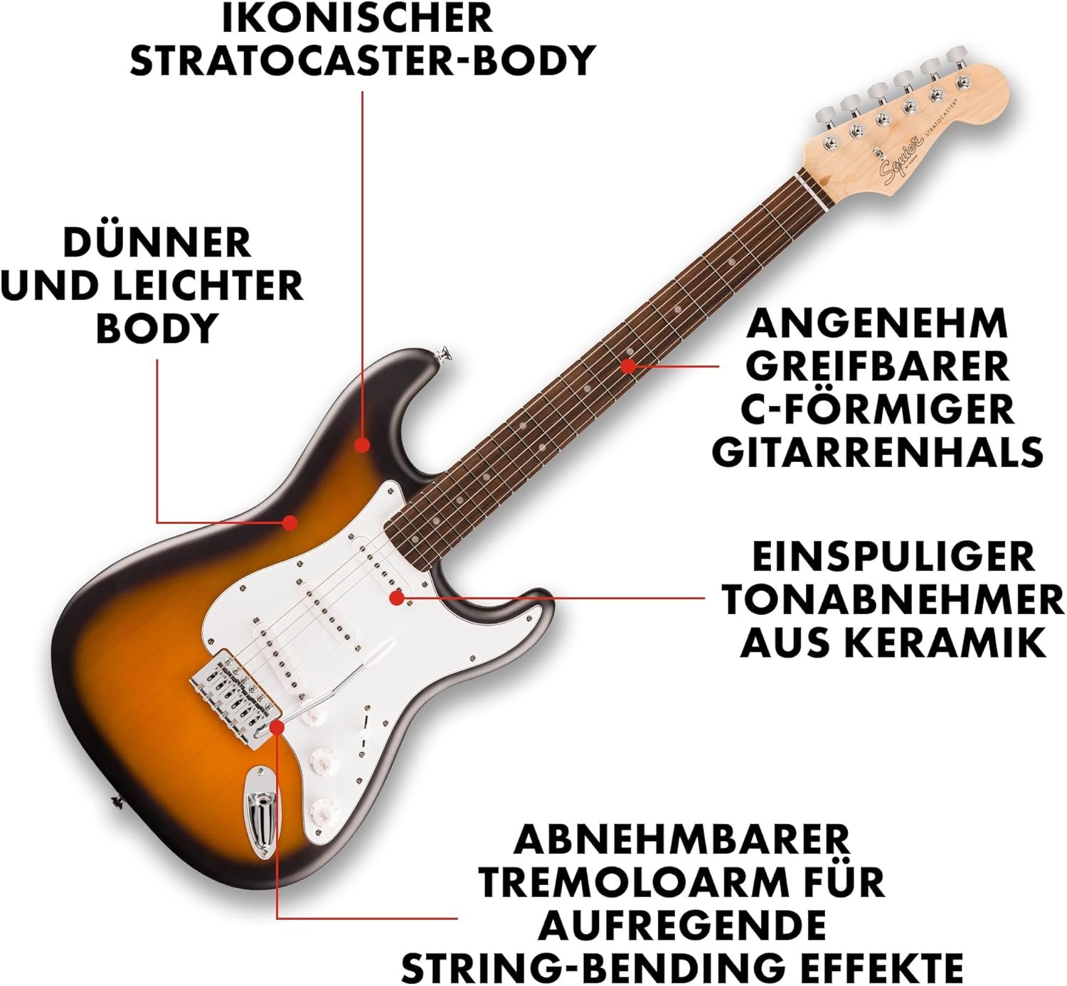 Squier Debut Collection Stratocaster in 2-Colour Sunburst with white pickguard on a wooden surface